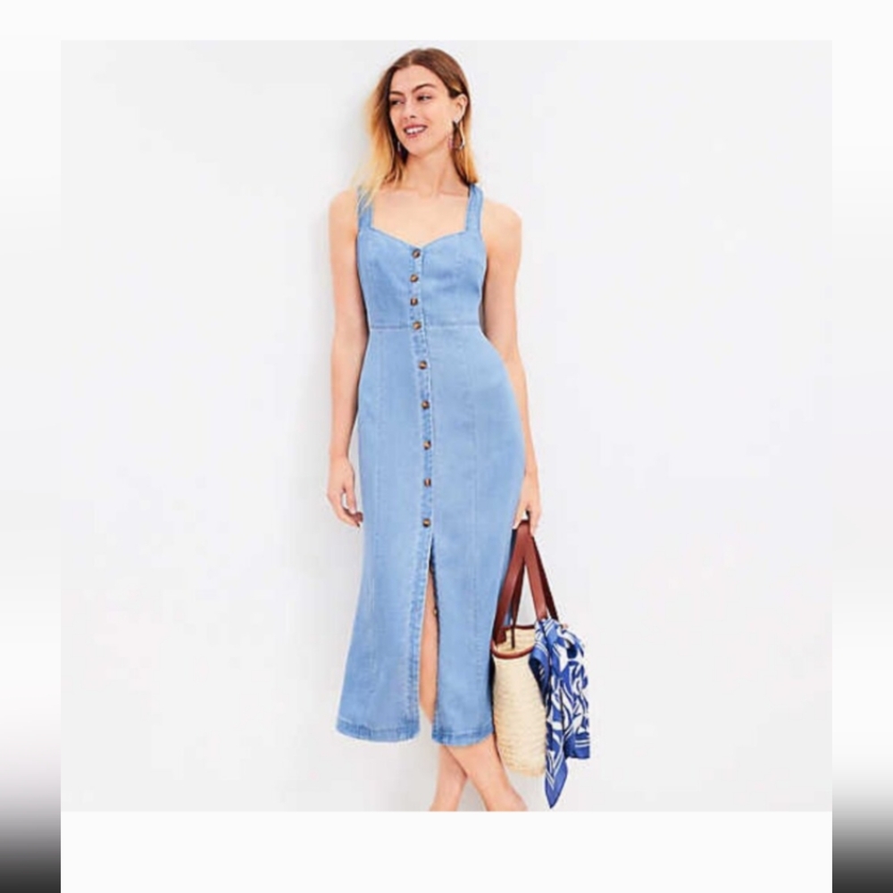 Denim Blue Button-Down Sundress By Loft With Criss Cross Back